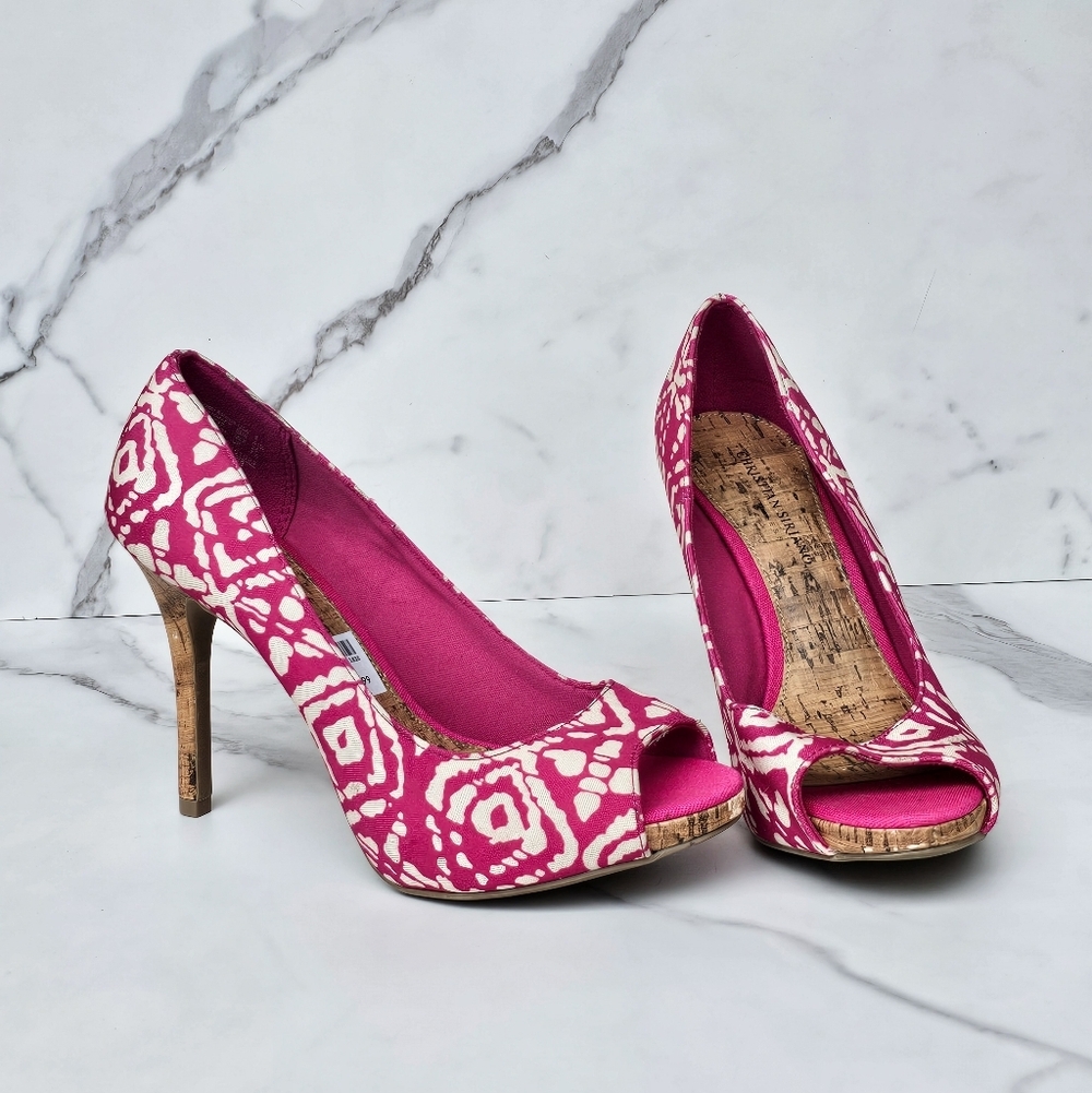 Christian Siriano Pink and Cream Peep Toe Cork Heels Size 9 - Picture 7 of 7